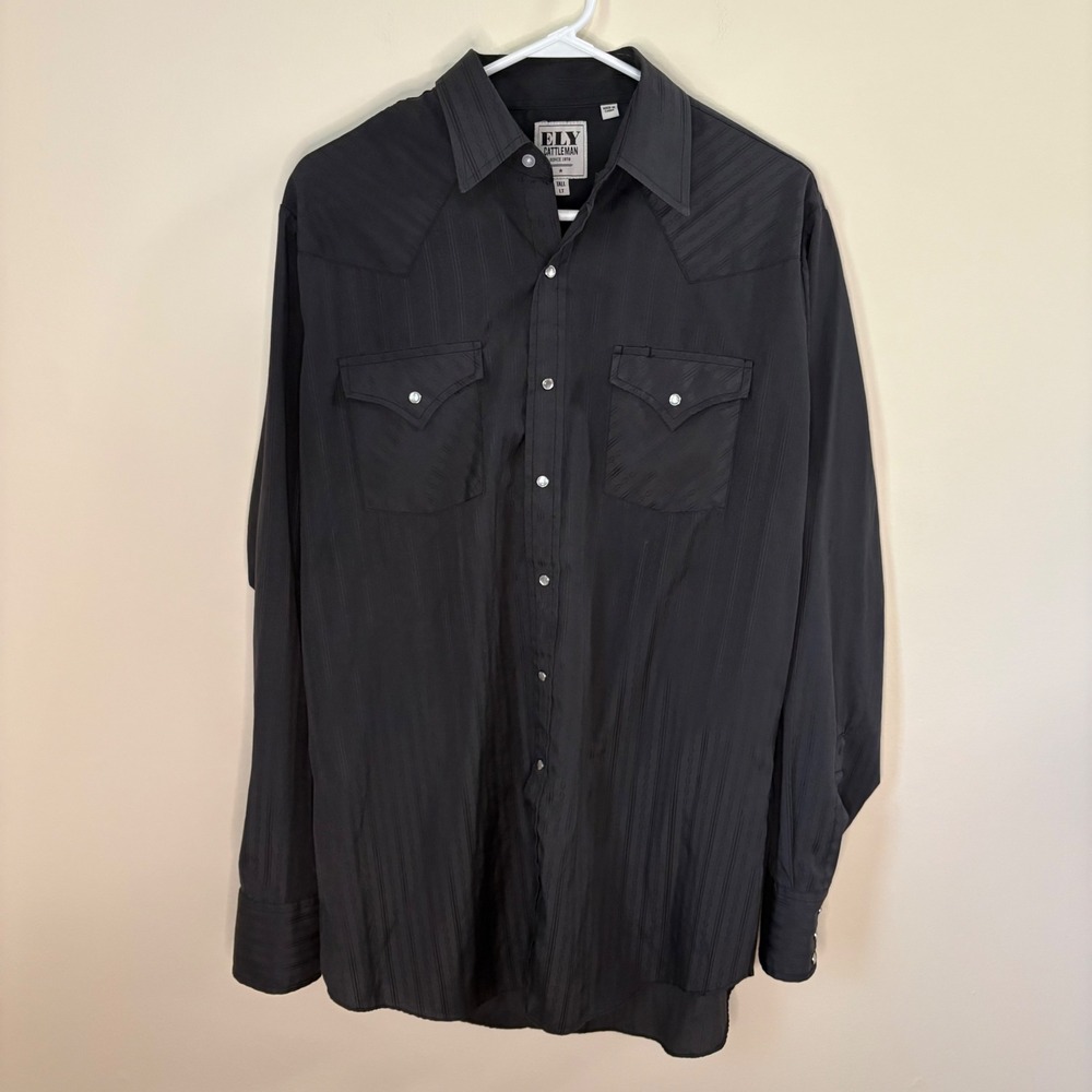 Ely Cattleman Western Shirt Men Large Tall Black Pearl Snap Jacquard Long Sleeve